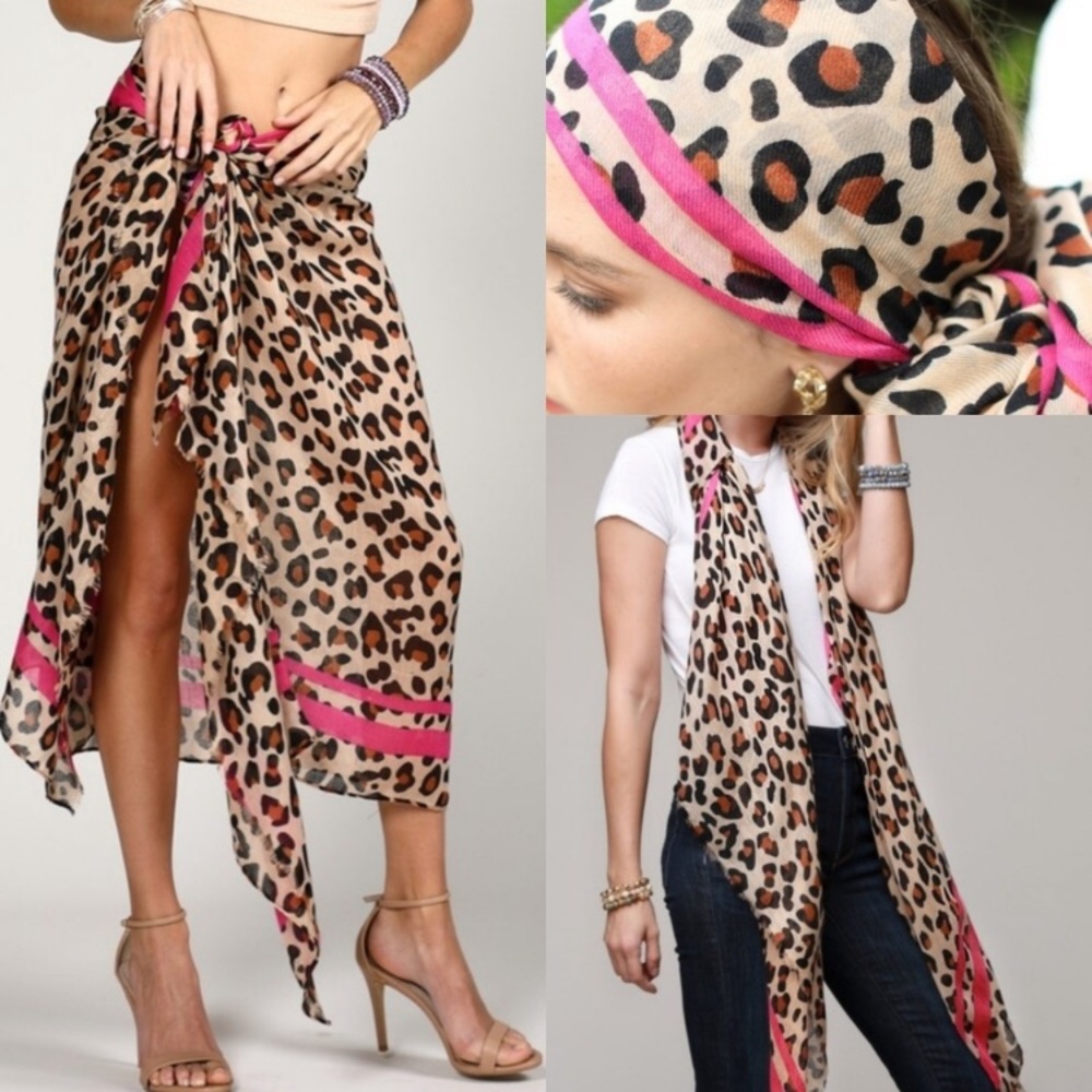 NWT Cheetah Pink Stripe Leopard Print Scarf/Sarong Wrap Cover Up